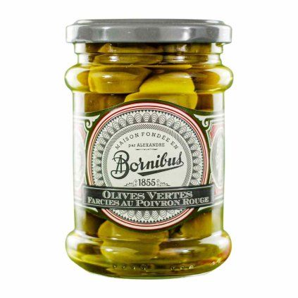 228057 zelene olivy 270 g plnene cervenou paprikou bornibus